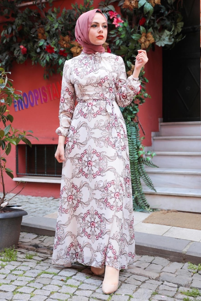 Neva Style - Robe hijab beige 2923BEJ - 2