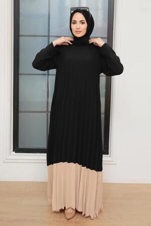 Robe longue et couvrante à plis – Beige 7684BEJ - 1