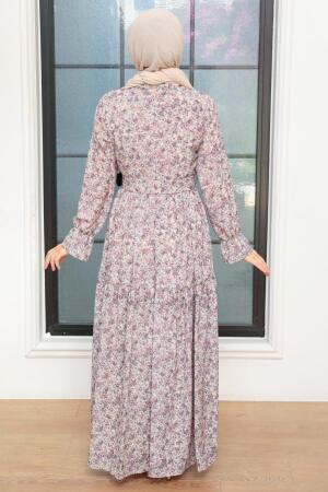 Neva Style - Robe Hijab Beige à Motif Floral 11601BEJ - 2
