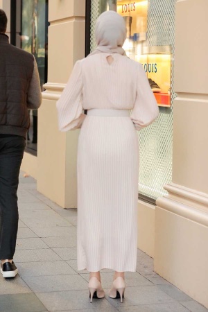 Robe longue et couvrante à plis – Beige 3369BEJ - 3