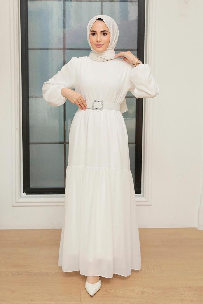 Neva Style - Robe Hijab Blanche 20804B - 2