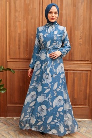 Neva Style - Robe Hijab Bleu İdigo 279016IM - Thumbnail