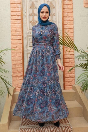 Neva Style - Robe Hijab Bleu İdigo 3356IM - 3