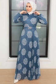 Neva Style - Robe Hijab Bleu Indigo 11870IM - Thumbnail