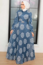 Neva Style - Robe Hijab Bleu Indigo 11870IM - Thumbnail