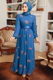 Neva Style - Robe Hijab Bleu Indigo 12040IM - Thumbnail