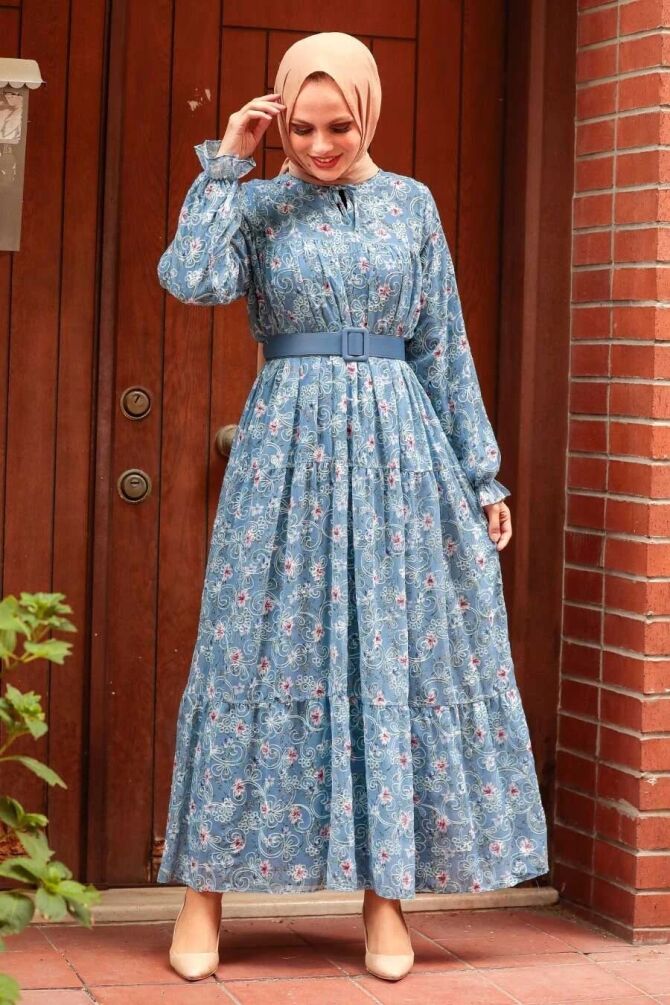 Robe longue et couvrante à motifs floraux – Bleu indigo 2270IM - 1