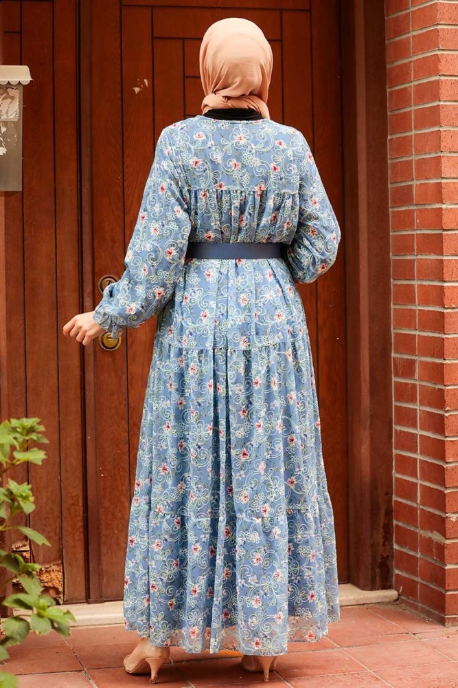 Robe longue et couvrante à motifs floraux – Bleu indigo 2270IM - 2