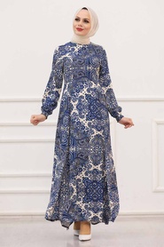 Neva Style - Robe Hijab Bleu Indigo 27615IM - Thumbnail