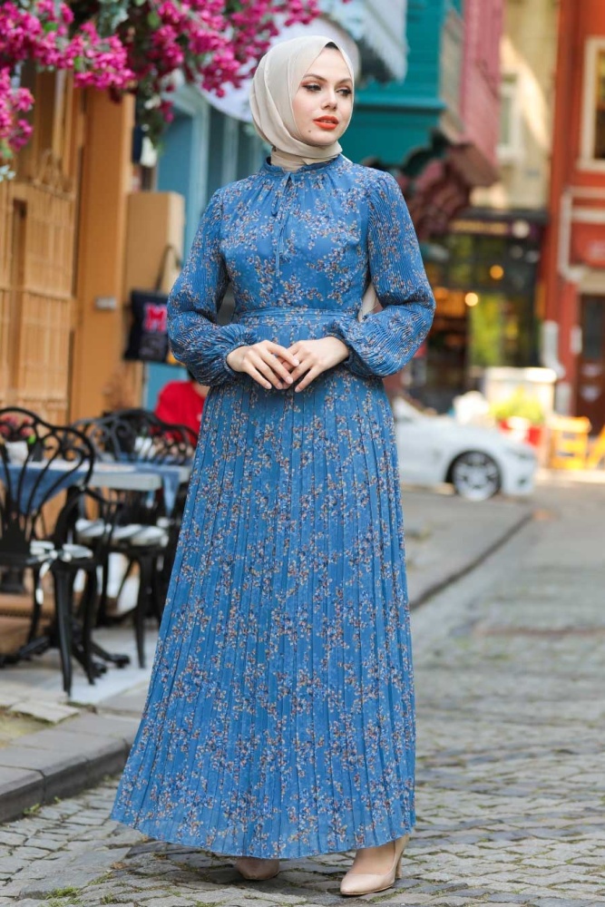 Neva Style - Robe Hijab Bleu Indigo 27890IM - 3