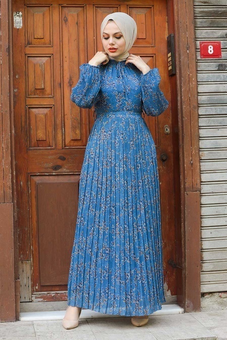 Neva Style - Robe Hijab Bleu Indigo 27890IM - 1