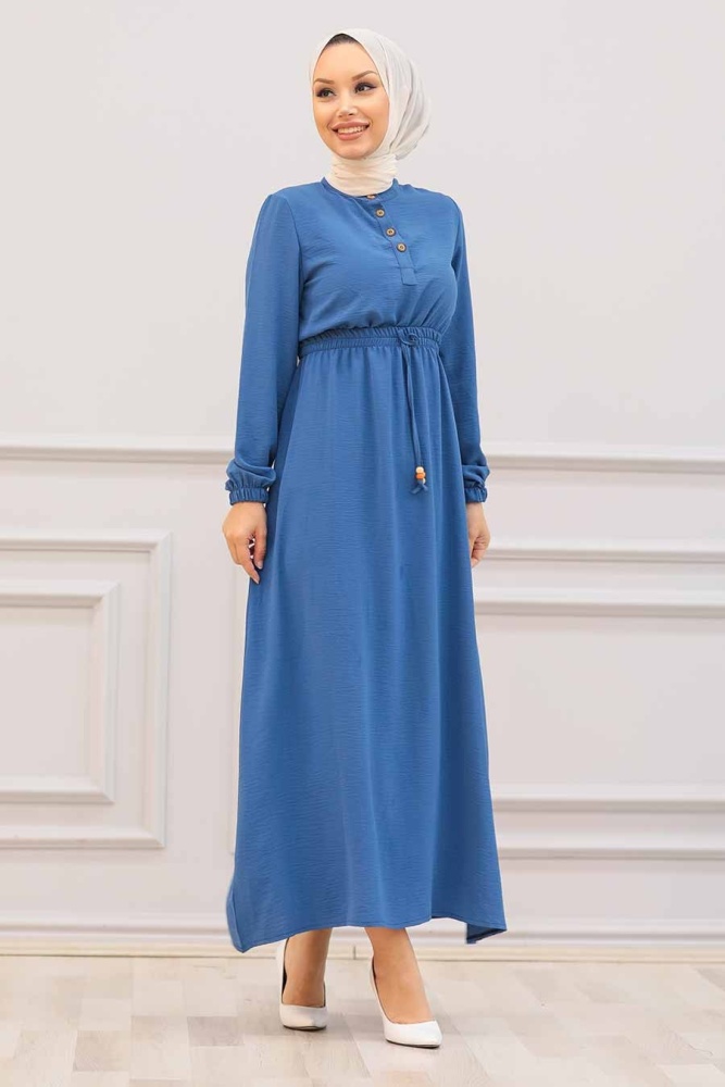 Robe longue et couvrante partiellement boutonnée – Bleu indigo 3730IM - 1