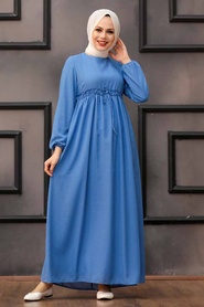 Neva Style - Robe Hijab Bleu Indigo à Pois 4341IM - Thumbnail