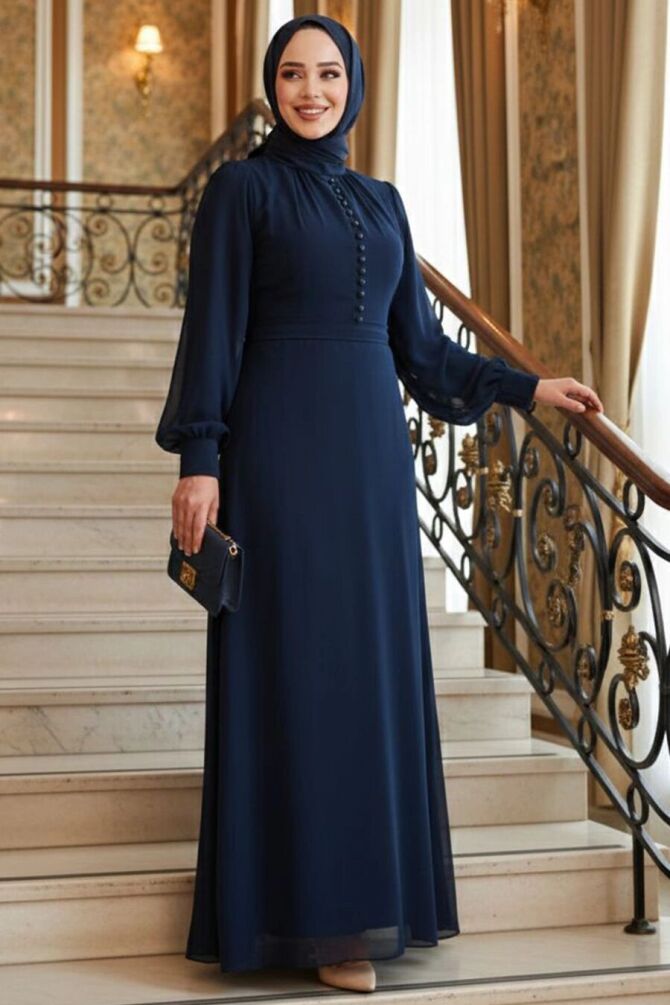 Robe longue et couvrante à boutons décoratifs – Bleu marine 2703L - 1