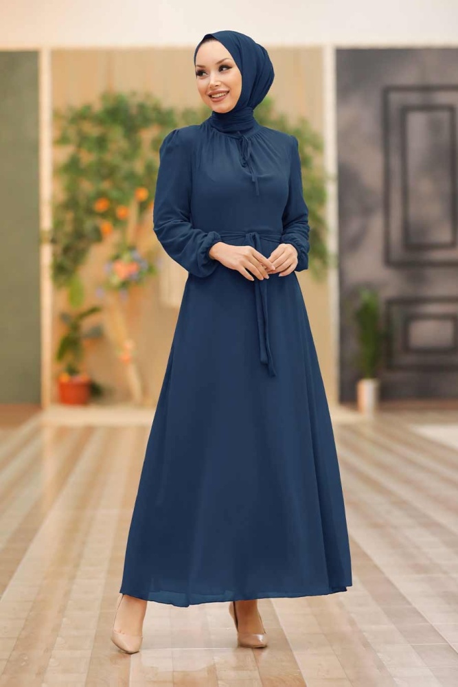 Neva Style -Robe Hijab Bleu Marine 27922L - 1