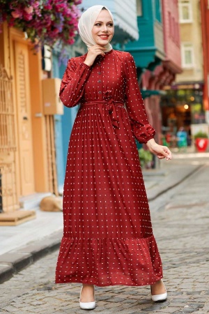 Neva Style -Robe Hijab à Carreaux Foncés 3734KKRMT - 1