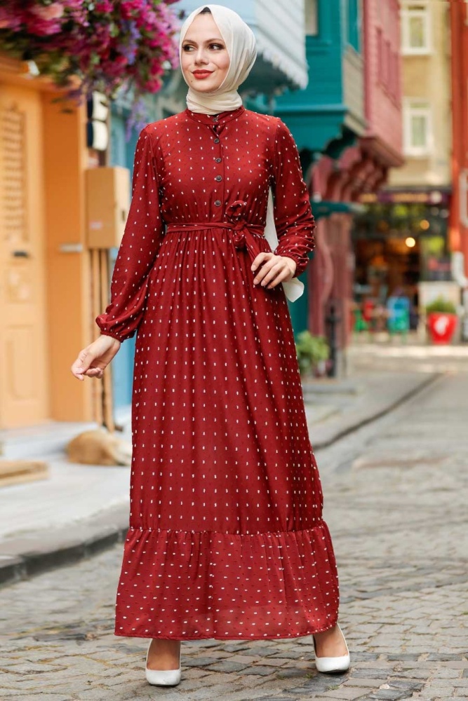 Neva Style -Robe Hijab à Carreaux Foncés 3734KKRMT - 3