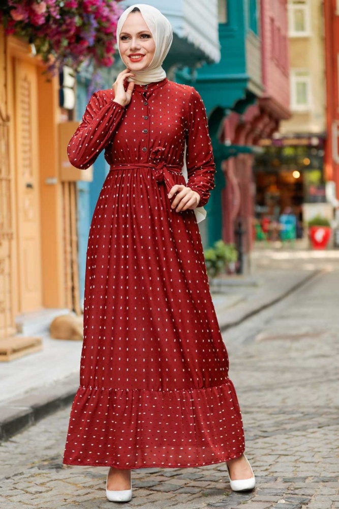 Neva Style -Robe Hijab à Carreaux Foncés 3734KKRMT - 4