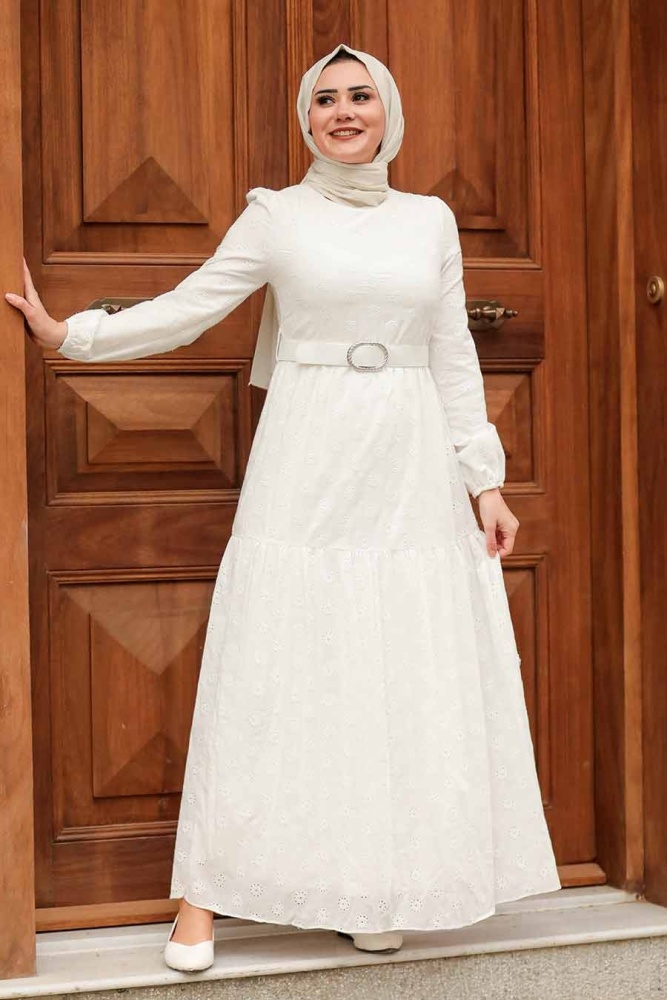 Robe longue et couvrante avec ceinture – Écru 28622E - 1