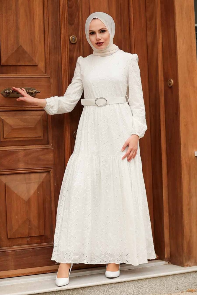 Robe longue et couvrante avec ceinture – Écru 28623E - 1