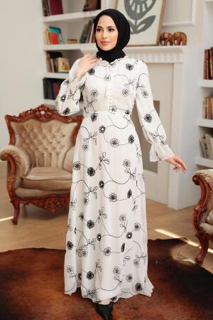 Neva Style - Robe Hijab Ecru 32944E - 2