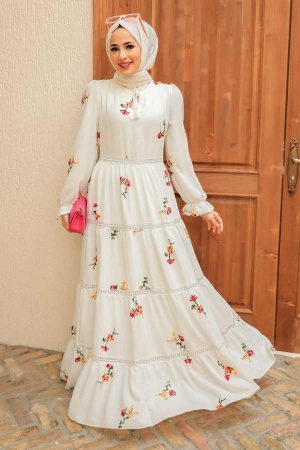 Neva Style - Robe Hijab Ecru 3403E - 2