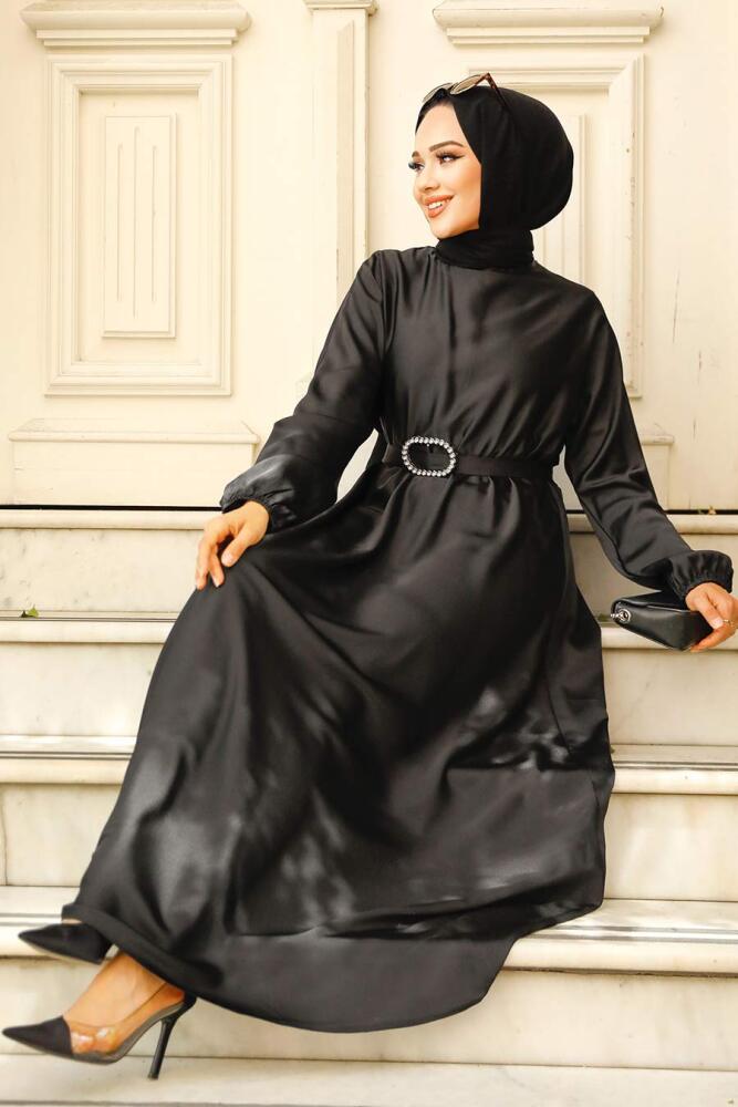 Neva Style - Robe Hijab en Satin Noir 5727S - 1