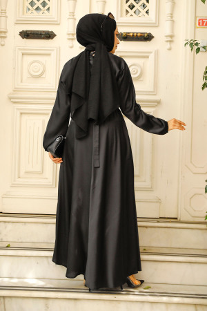 Neva Style - Robe Hijab en Satin Noir 5727S - 3