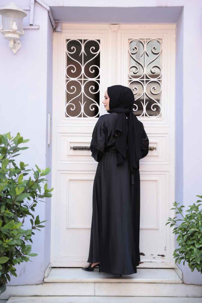 Neva Style - Robe Hijab en Satin Noir 5727S - 7