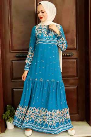 Robe longue et couvrante à motifs en viscose – Bleu indigo 5191IM - 1