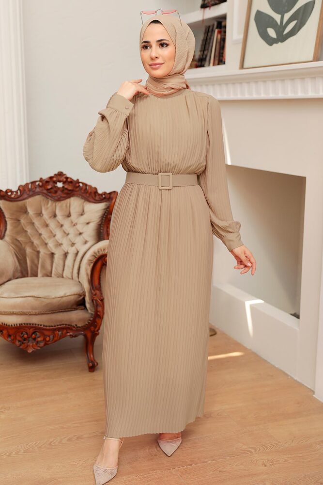 Robe longue et couvrante à plis – Taupe 3369V - 1