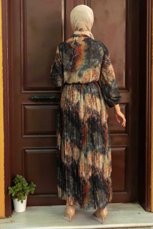 Robe longue et couvrante à motifs – Kaki 7609HK - 3