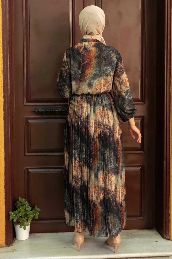 Robe longue et couvrante à motifs – Kaki 7609HK - 3