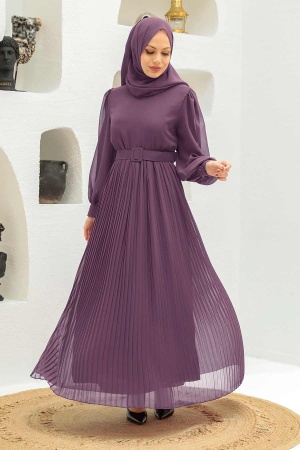 Robe longue et couvrante avec ceinture à boucle – Lilas foncé 3358KLILA - 1
