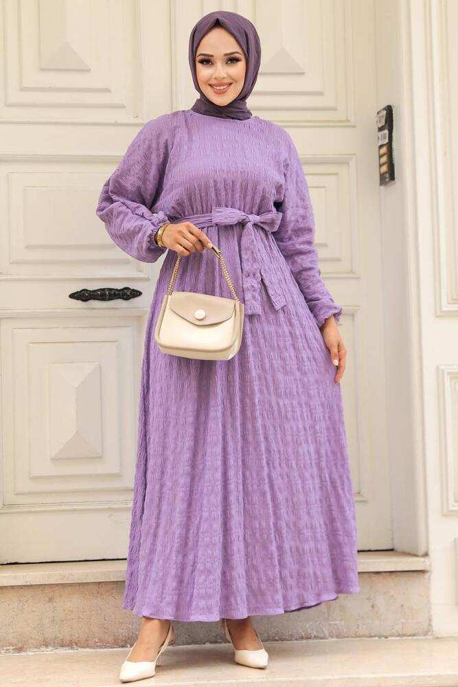 Neva Style - Robe Hijab Lilas à Ceinture 33870LILA - 2