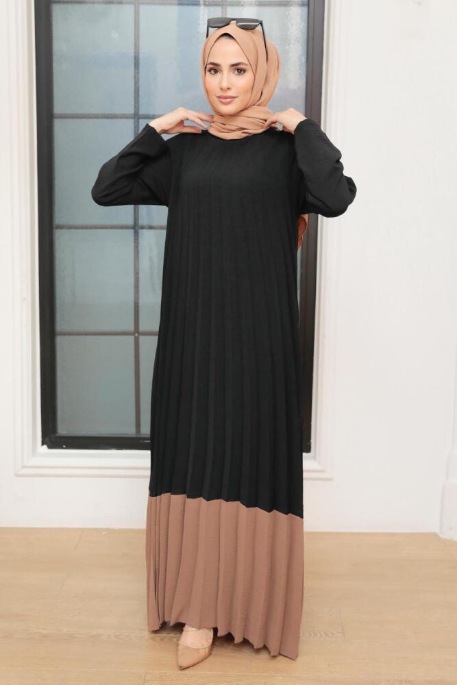 Robe longue et couvrante à plis – Marron 7684KH - 1