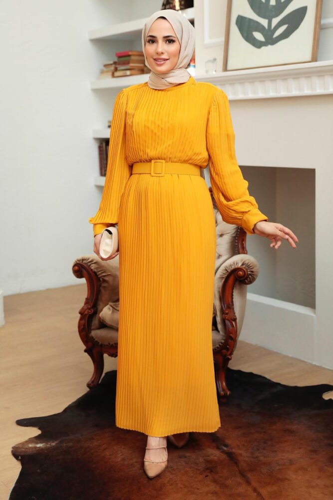 Neva Style - Robe Hijab Moutarde Plissée 3369HR - 1