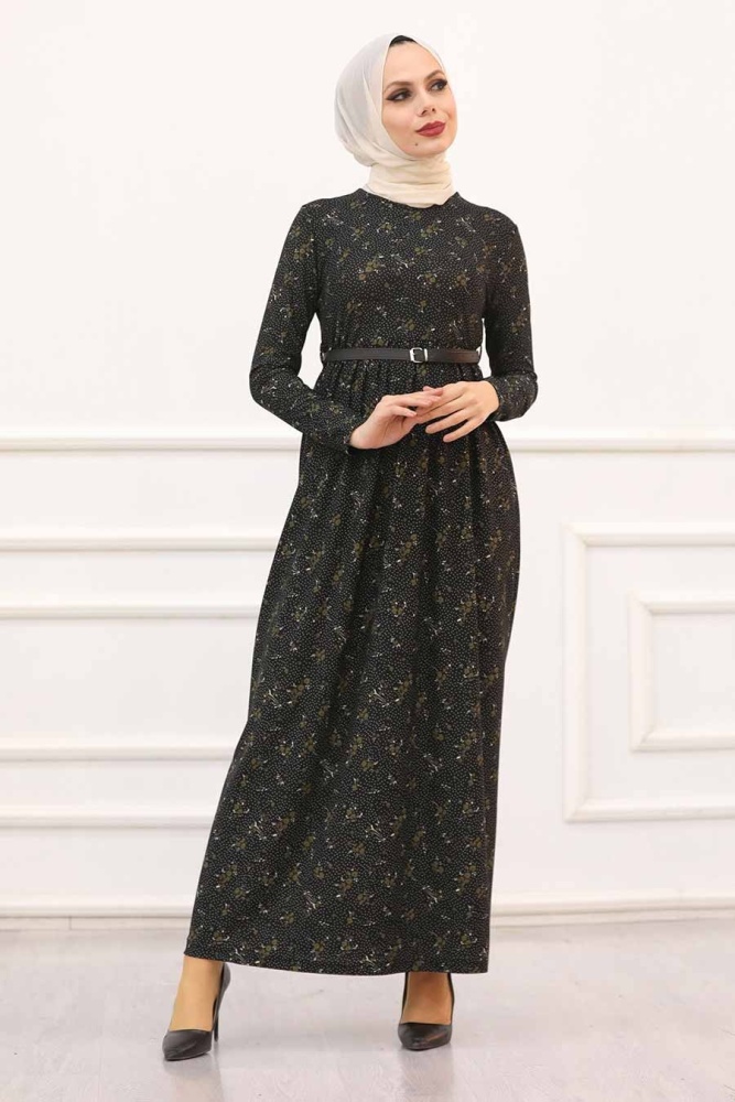 Robe longue et couvrante à motifs – Noir 163905S - 1