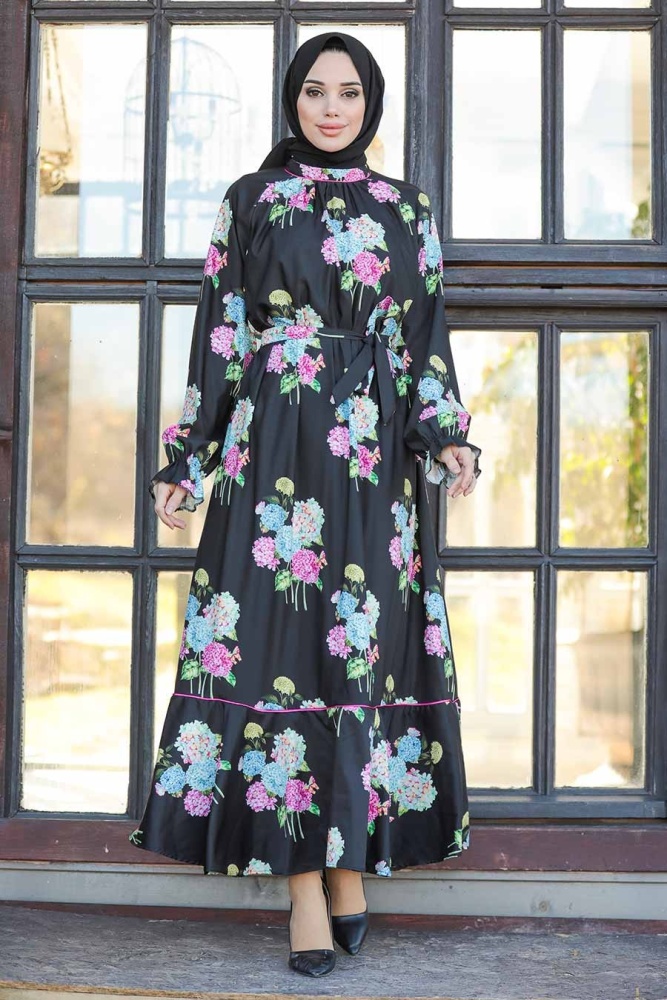 Robe longue et couvrante à motifs floraux – Noir 21601S - 2