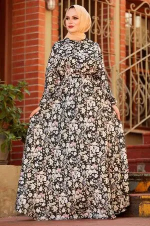 Robe longue et couvrante à motifs en satin – Noir 22163S - 1