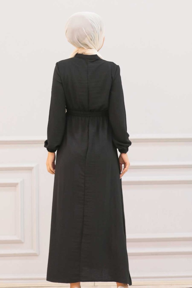 Robe longue et couvrante partiellement boutonnée – Noir 3730S - 2