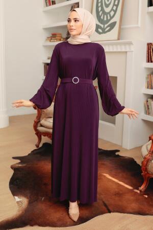 Neva Style - Robe Hijab Plissé Violet 10670MOR - 1