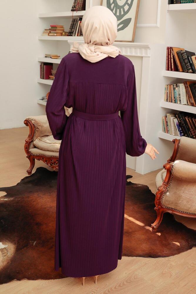 Neva Style - Robe Hijab Plissé Violet 10670MOR - 2
