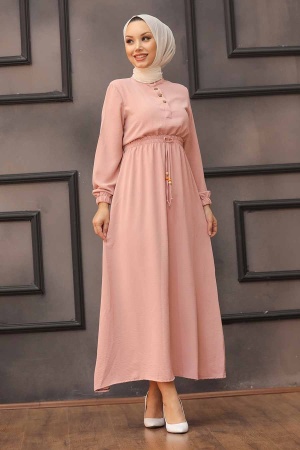 Robe longue et couvrante partiellement boutonnée – Rose poudré 3730PD 