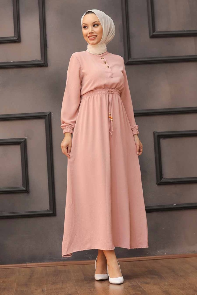 Robe longue et couvrante partiellement boutonnée – Rose poudré 3730PD - 1