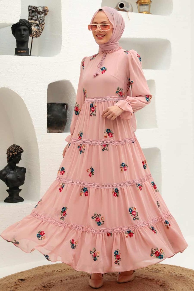 Neva Style - Robe Hijab Rose Poudré 32810PD - 1