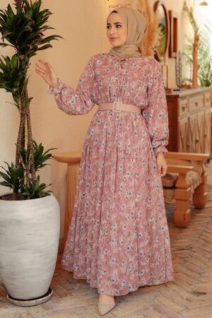 Robe longue et couvrante à motifs floraux – Vieux rose 2270GK 