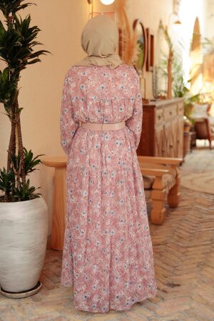 Robe longue et couvrante à motifs floraux – Vieux rose 2270GK - 2