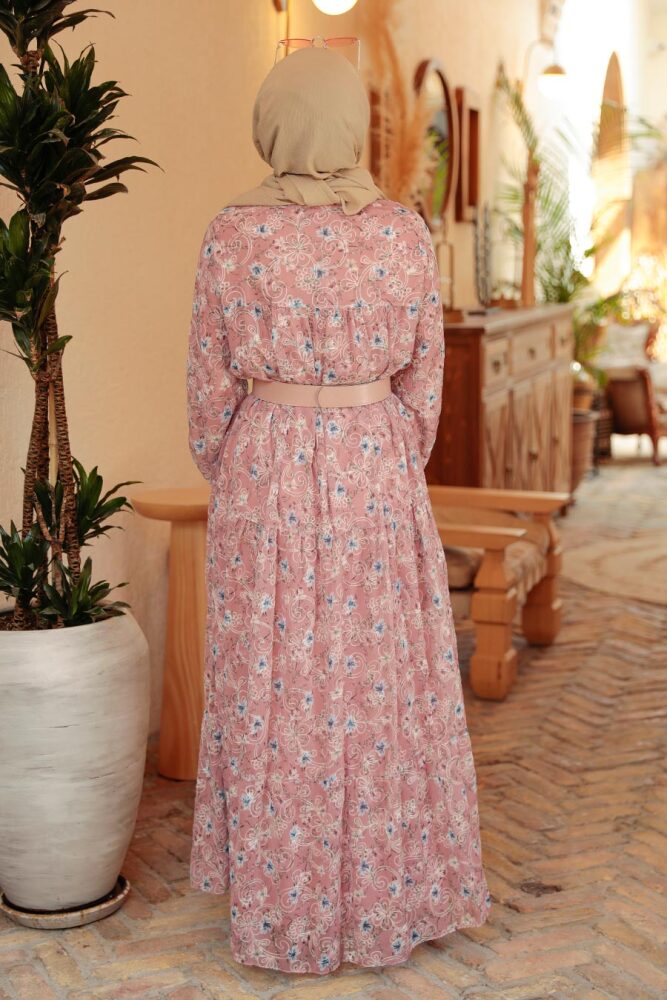 Robe longue et couvrante à motifs floraux – Vieux rose 2270GK - 2
