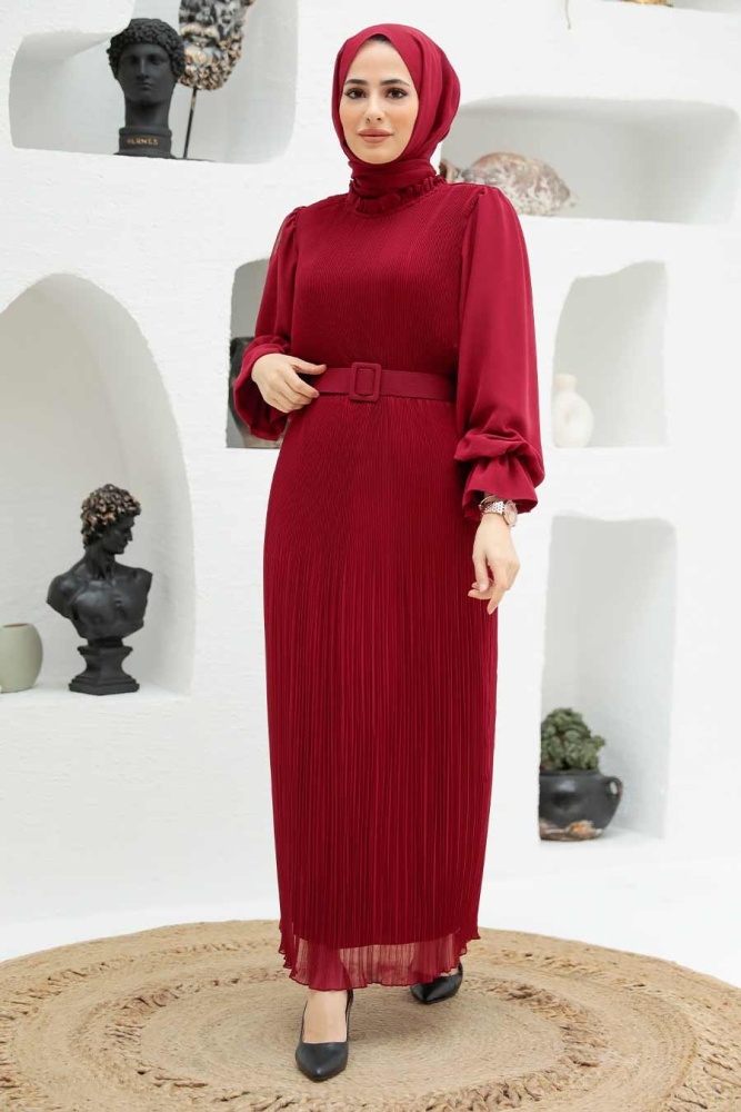 Neva Style - Robe Hijab Rouge Bordeaux 3343BR - 2